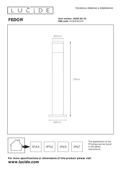 Lucide FEDOR - Bollard light - 1xE27 - IP44 - Black - technical